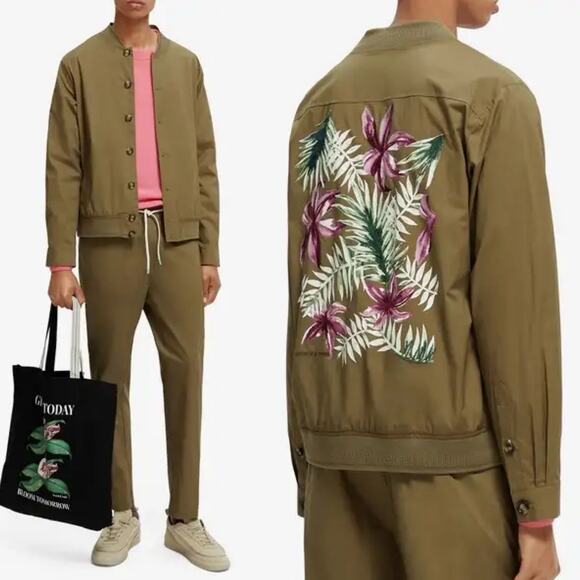 Scotch & Soda Jackets & Blazers - Scotch & Soda Women Organic Cotton Embroidered Bomber Jacket Size L Khaki Floral